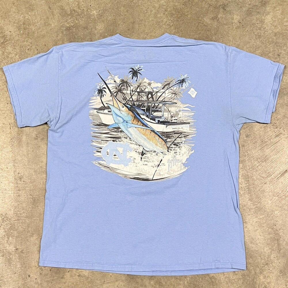 UNC Tar Heels T Shirt Mens Sz XL Blue Fishing Swordfish Guy Harvey THRASHED - Picture 1 of 10